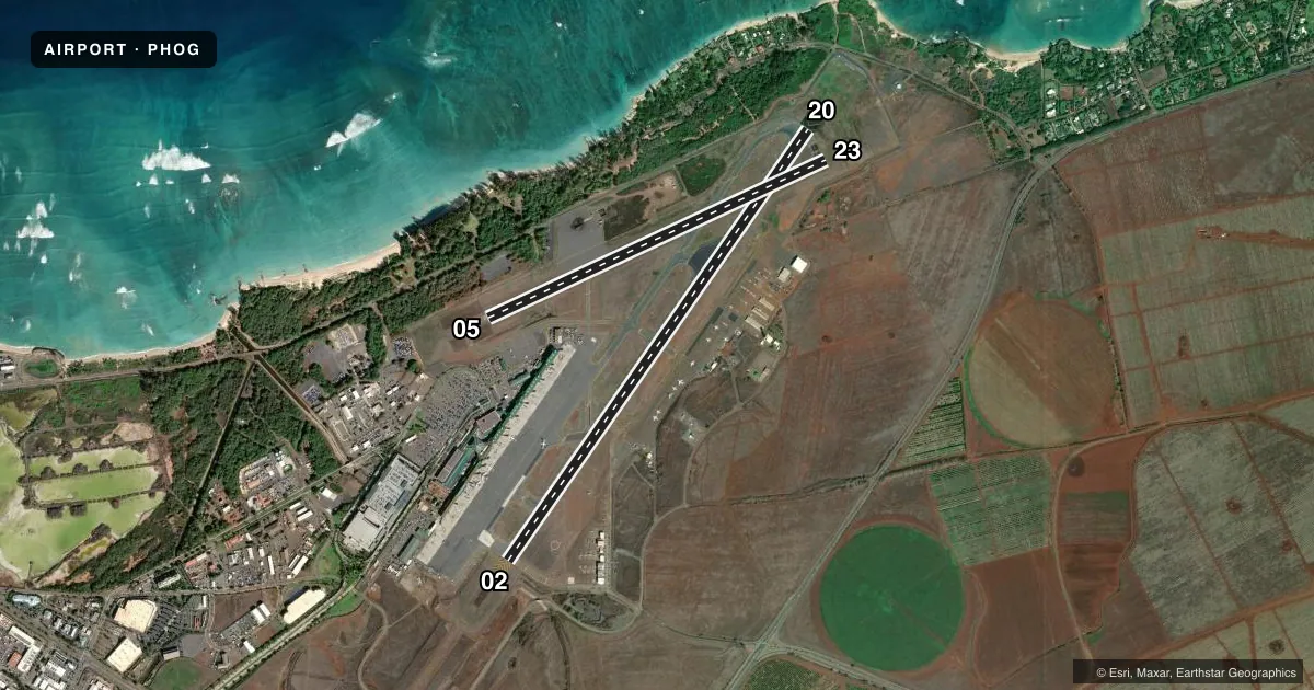 Top-down satellite sketch of PHOG KAHULUI in KAHULUI, HAWAII, showing runways 02/20, 05/23 drawn to scale over Esri World Imagery