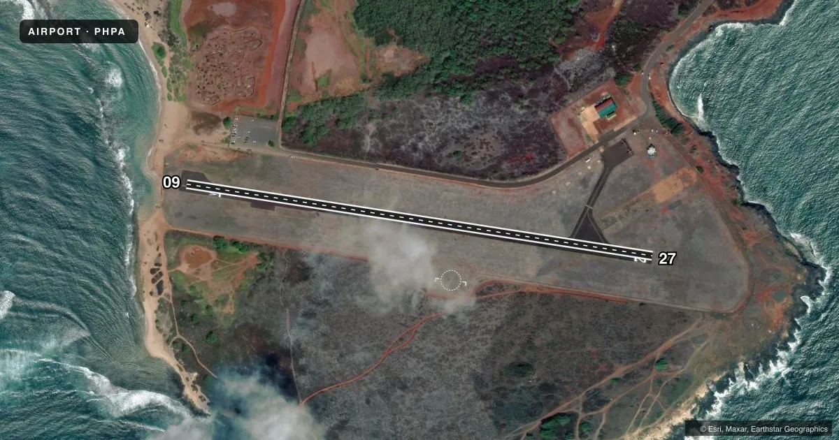 Top-down satellite sketch of PHPA PORT ALLEN in HANAPEPE, HAWAII, showing runways 09/27 drawn to scale over Esri World Imagery
