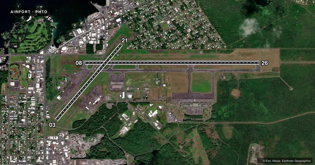 Top-down satellite sketch of PHTO HILO INTL in HILO, HAWAII, showing runways 08/26, 03/21 drawn to scale over Esri World Imagery
