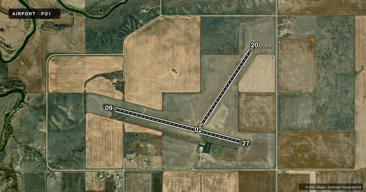 Top-down satellite sketch of PO1 POPLAR MUNI in POPLAR, MONTANA, showing runways 09/27, 02/20 drawn to scale over Esri World Imagery