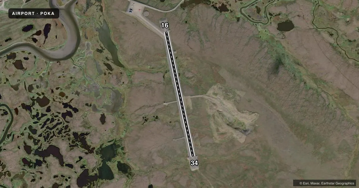 Top-down satellite sketch of POKA TUNUNAK in TUNUNAK, ALASKA, showing runways 16/34 drawn to scale over Esri World Imagery
