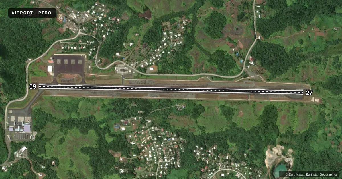 Top-down satellite sketch of PTRO PALAU INTL in BABELTHUAP ISLAND, showing runways 09/27 drawn to scale over Esri World Imagery