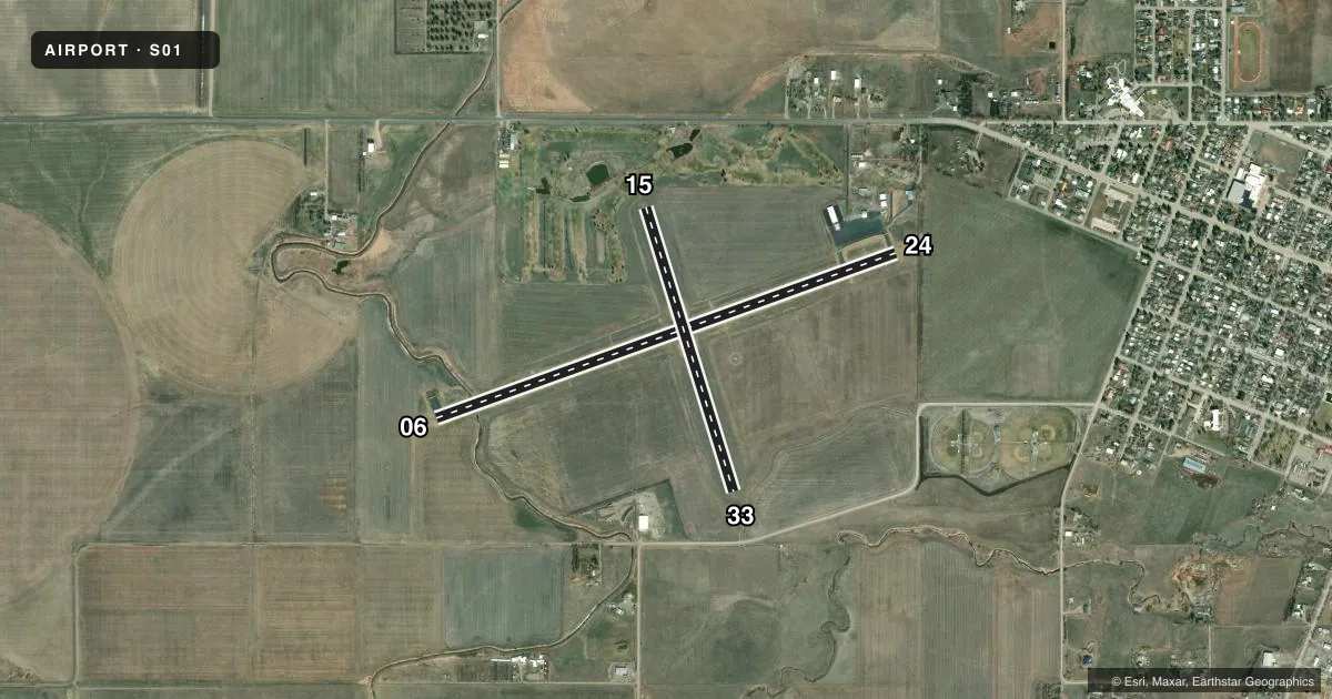 Top-down satellite sketch of S01 CONRAD in CONRAD, MONTANA, showing runways 06/24, 15/33 drawn to scale over Esri World Imagery