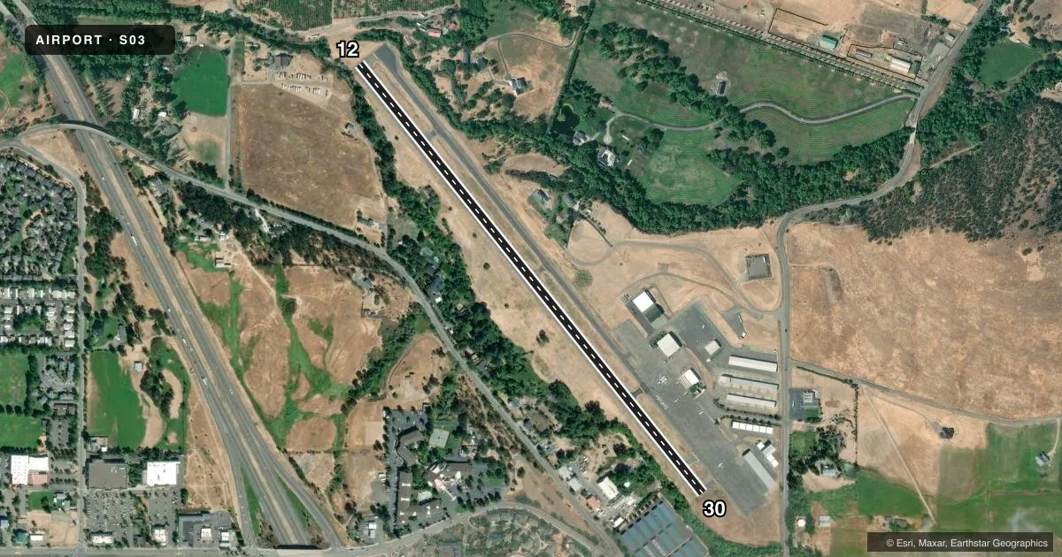 Top-down satellite sketch of S03 ASHLAND MUNI/SUMNER PARKER FLD in ASHLAND, OREGON, showing runways 12/30 drawn to scale over Esri World Imagery