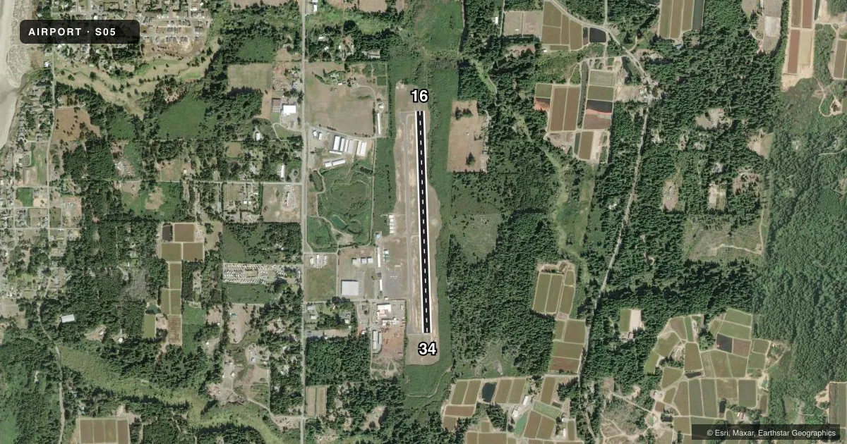 Top-down satellite sketch of S05 BANDON STATE in BANDON, OREGON, showing runways 16/34 drawn to scale over Esri World Imagery