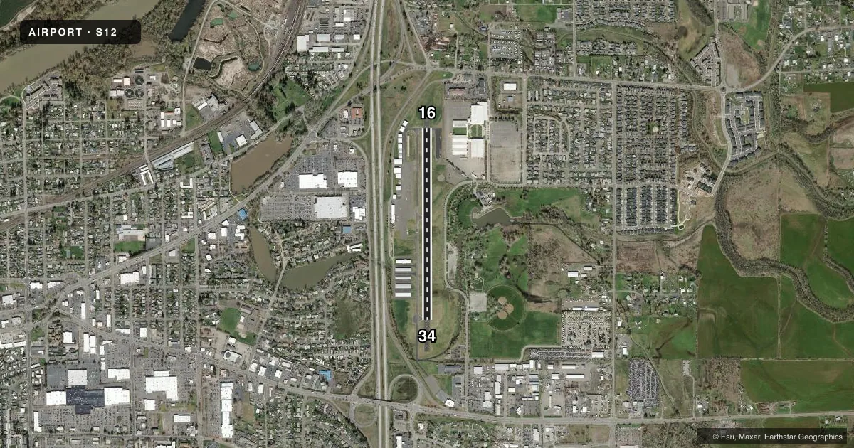 Top-down satellite sketch of S12 ALBANY MUNI in ALBANY, OREGON, showing runways 16/34 drawn to scale over Esri World Imagery