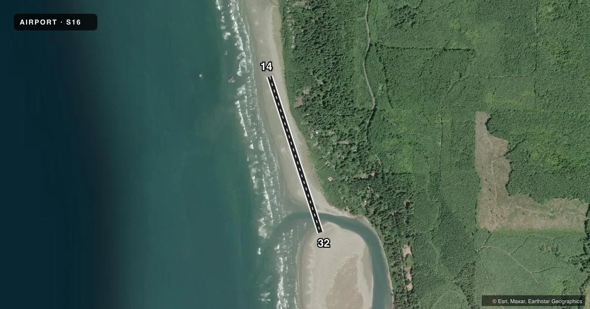 Top-down satellite sketch of S16 COPALIS STATE in COPALIS, WASHINGTON, showing runways 14/32 drawn to scale over Esri World Imagery
