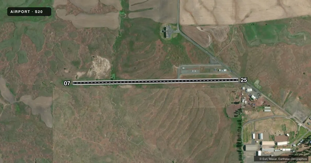 Top-down satellite sketch of S20 GOLDENDALE in GOLDENDALE, WASHINGTON, showing runways 07/25 drawn to scale over Esri World Imagery