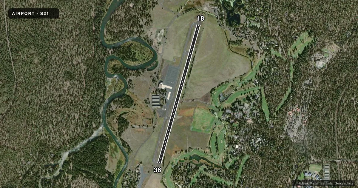 Top-down satellite sketch of S21 SUNRIVER in SUNRIVER, OREGON, showing runways 18/36 drawn to scale over Esri World Imagery