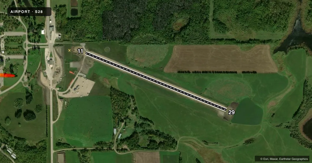 Top-down satellite sketch of S28 INTL PEACE GARDEN in DUNSEITH, NORTH DAKOTA, showing runways 11/29 drawn to scale over Esri World Imagery