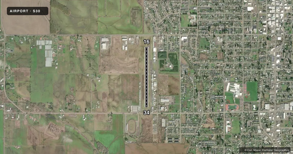 Top-down satellite sketch of S30 LEBANON STATE in LEBANON, OREGON, showing runways 16/34 drawn to scale over Esri World Imagery