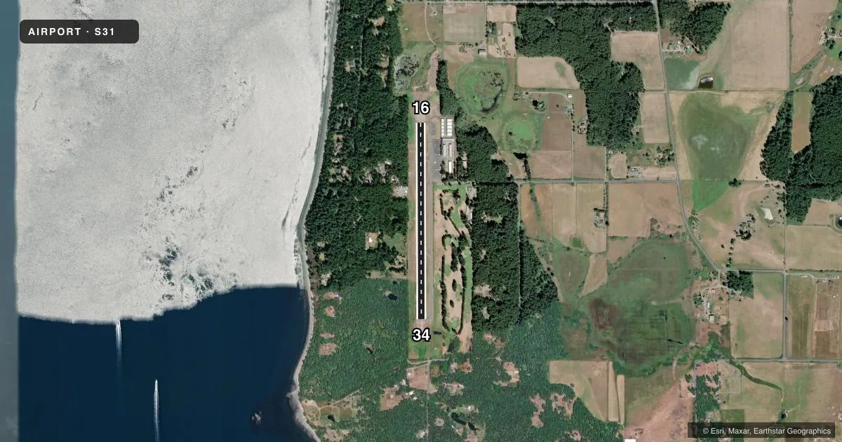 Top-down satellite sketch of S31 LOPEZ ISLAND in LOPEZ, WASHINGTON, showing runways 16/34 drawn to scale over Esri World Imagery