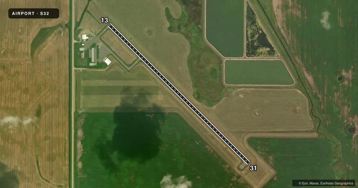 Top-down satellite sketch of S32 COOPERSTOWN MUNI in COOPERSTOWN, NORTH DAKOTA, showing runways 13/31 drawn to scale over Esri World Imagery