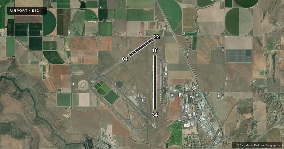 Top-down satellite sketch of S33 MADRAS MUNI in MADRAS, OREGON, showing runways 16/34, 04/22 drawn to scale over Esri World Imagery