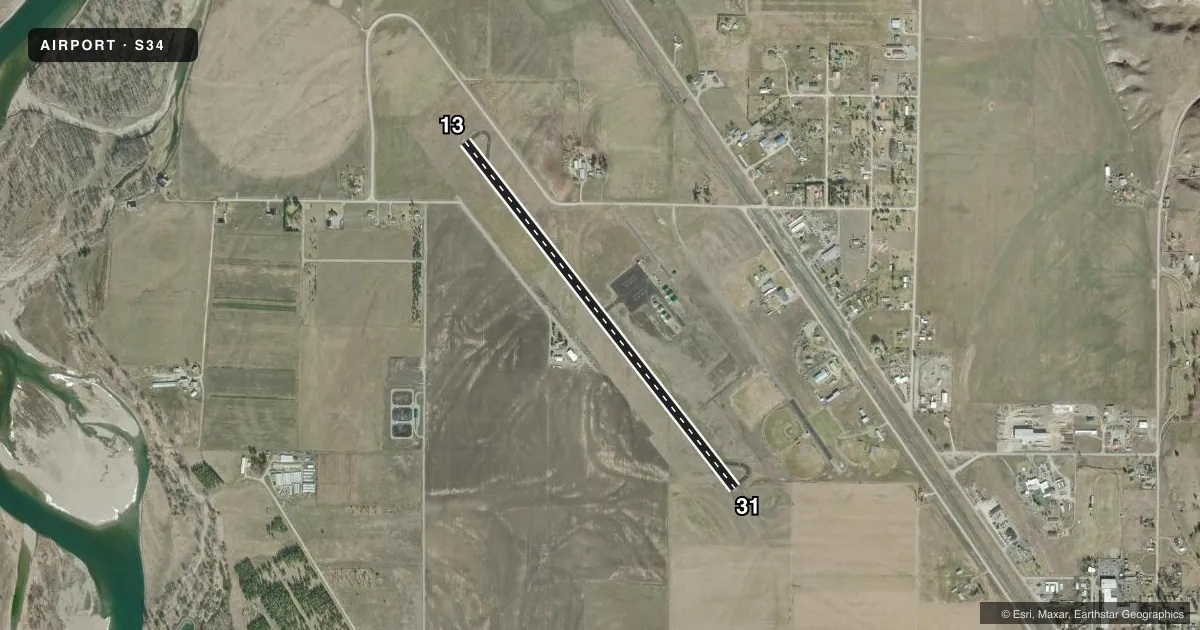 Top-down satellite sketch of S34 PLAINS in PLAINS, MONTANA, showing runways 13/31 drawn to scale over Esri World Imagery