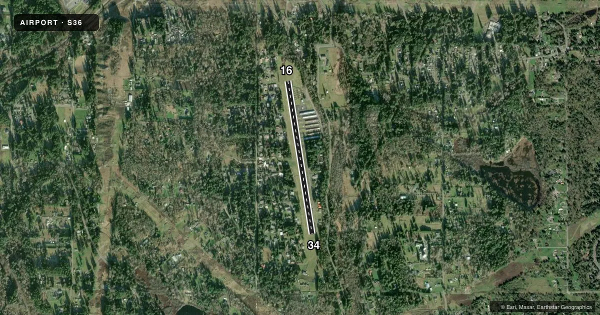 Top-down satellite sketch of S36 CREST AIRFIELD in COVINGTON, WASHINGTON, showing runways 16/34 drawn to scale over Esri World Imagery