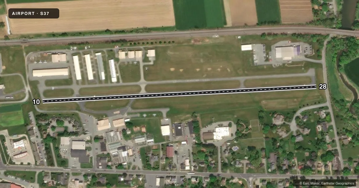 Top-down satellite sketch of S37 SMOKETOWN in SMOKETOWN, PENNSYLVANIA, showing runways 10/28 drawn to scale over Esri World Imagery