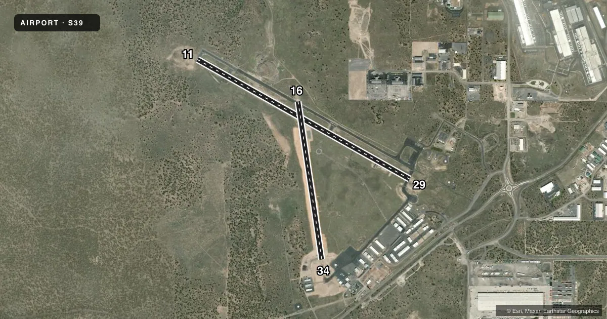Top-down satellite sketch of S39 PRINEVILLE in PRINEVILLE, OREGON, showing runways 11/29, 16/34 drawn to scale over Esri World Imagery