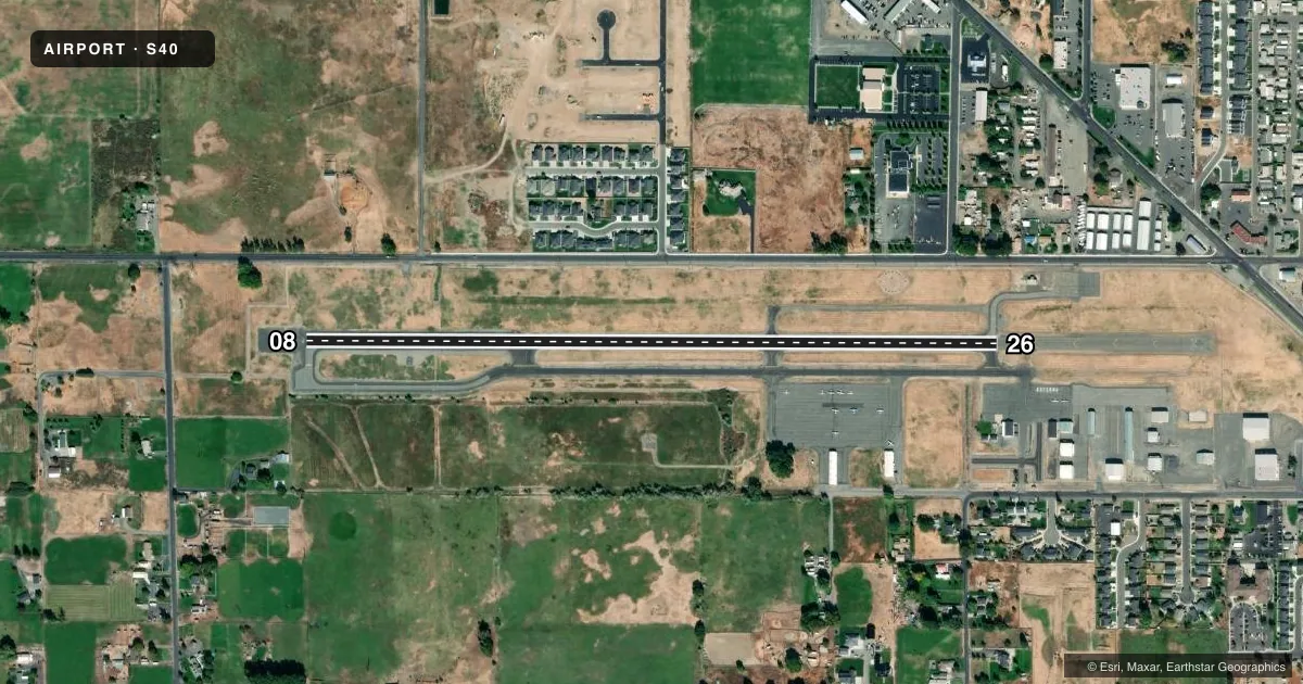 Top-down satellite sketch of S40 PROSSER in PROSSER, WASHINGTON, showing runways 08/26 drawn to scale over Esri World Imagery