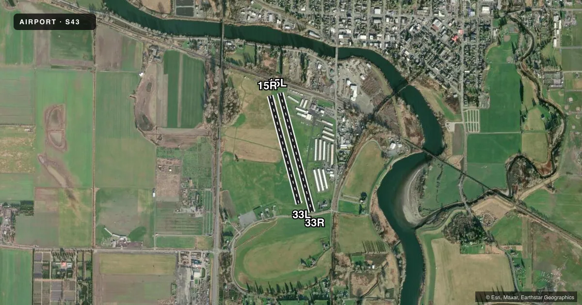 Top-down satellite sketch of S43 HARVEY FLD in SNOHOMISH, WASHINGTON, showing runways 15L/33R, 15R/33L drawn to scale over Esri World Imagery