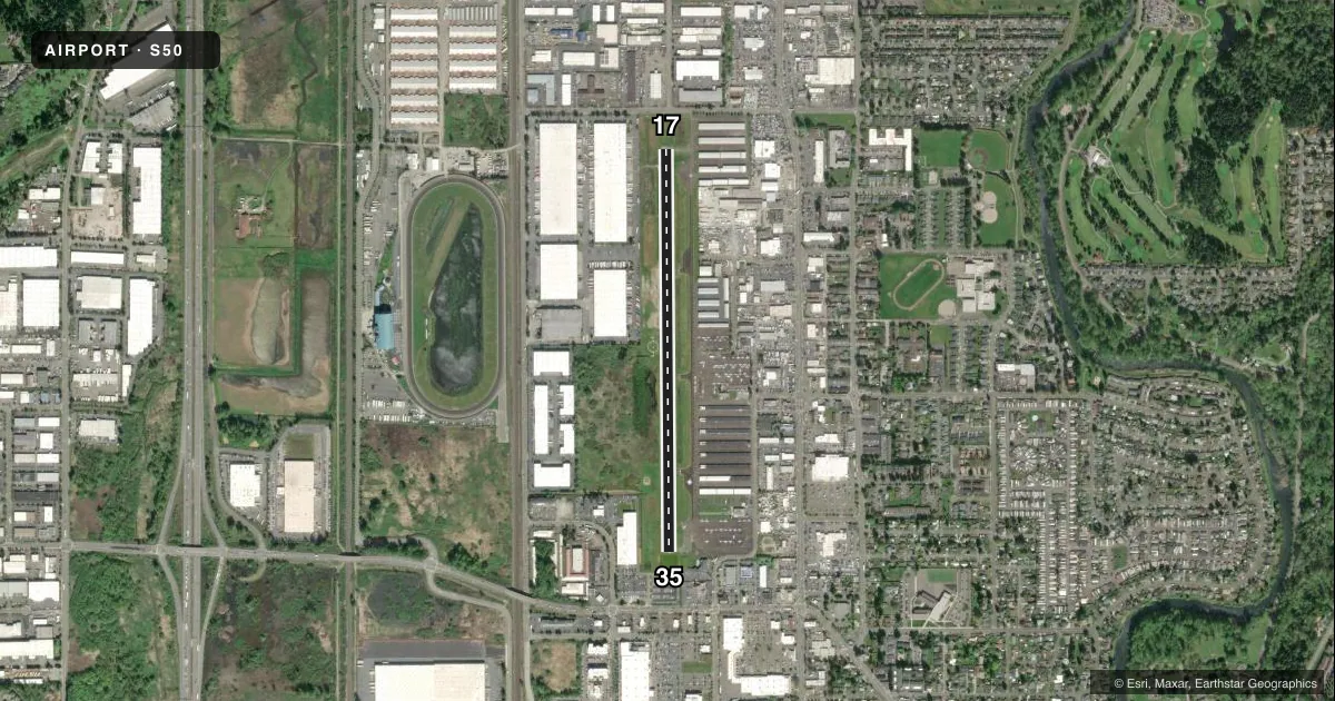 Top-down satellite sketch of S50 AUBURN MUNI in AUBURN, WASHINGTON, showing runways 17/35 drawn to scale over Esri World Imagery