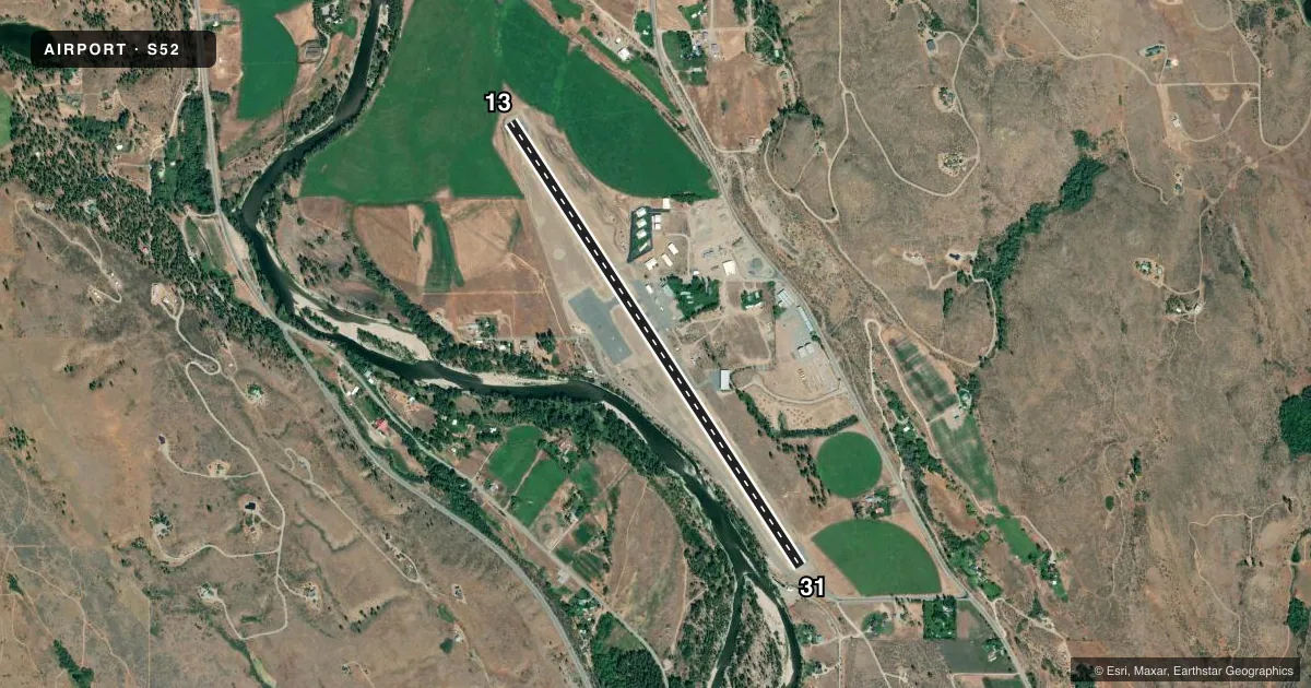Top-down satellite sketch of S52 METHOW VALLEY STATE in WINTHROP, WASHINGTON, showing runways 13/31 drawn to scale over Esri World Imagery