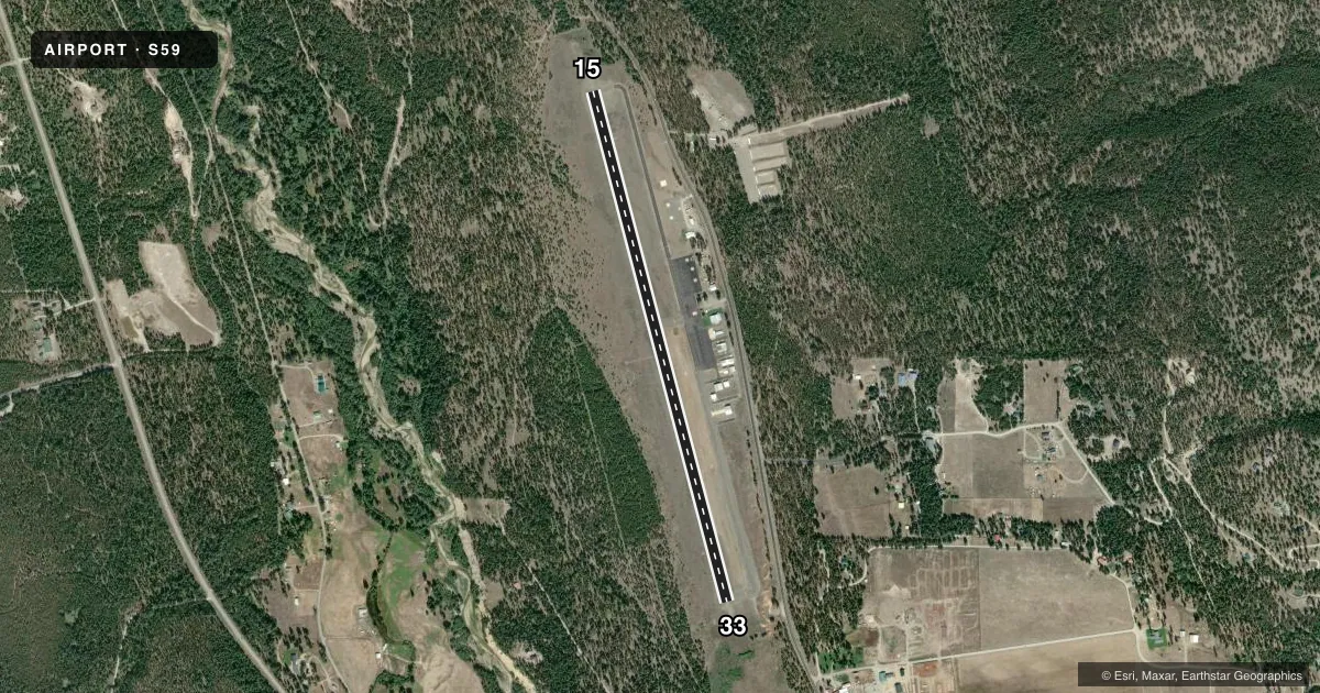 Top-down satellite sketch of S59 LIBBY in LIBBY, MONTANA, showing runways 15/33 drawn to scale over Esri World Imagery