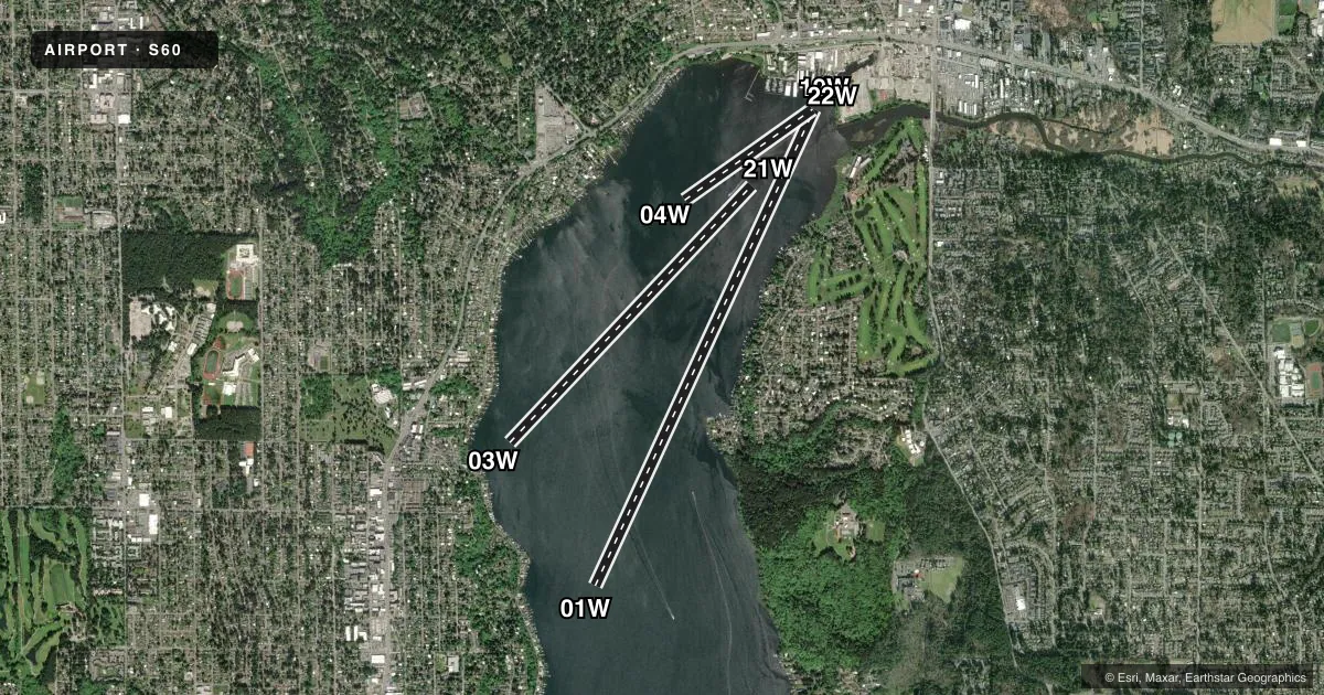 Top-down satellite sketch of S60 KENMORE AIR HARBOR in KENMORE, WASHINGTON, showing runways 01W/19W, 03W/21W, 04W/22W drawn to scale over Esri World Imagery