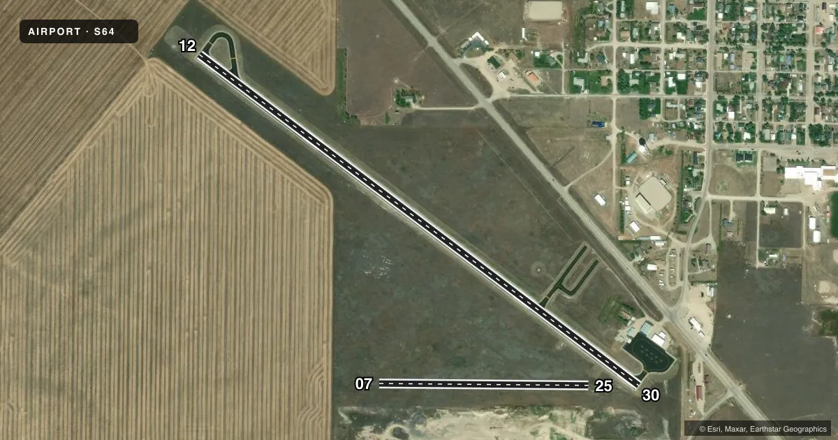 Top-down satellite sketch of S64 STANFORD/BIGGERSTAFF FLD in STANFORD, MONTANA, showing runways 12/30, 07/25 drawn to scale over Esri World Imagery