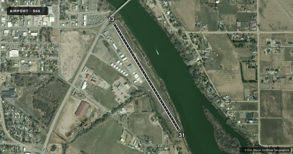 Top-down satellite sketch of S66 HOMEDALE MUNI in HOMEDALE, IDAHO, showing runways 13/31 drawn to scale over Esri World Imagery