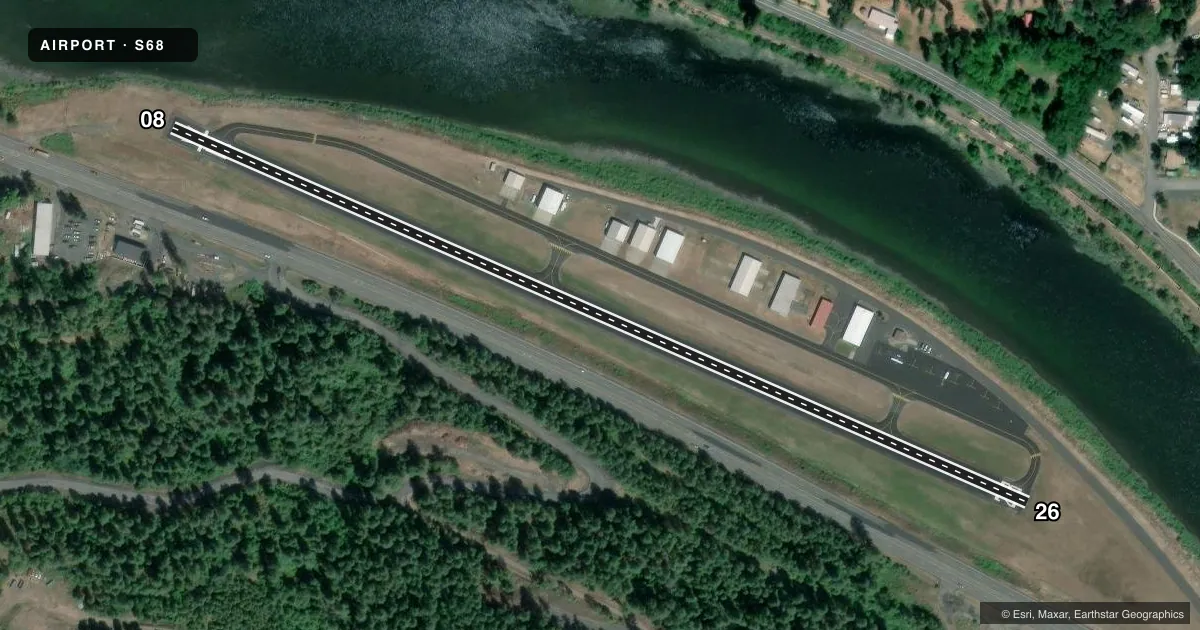 Top-down satellite sketch of S68 OROFINO MUNI in OROFINO, IDAHO, showing runways 08/26 drawn to scale over Esri World Imagery