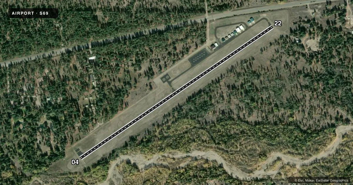 Top-down satellite sketch of S69 LINCOLN in LINCOLN, MONTANA, showing runways 04/22 drawn to scale over Esri World Imagery