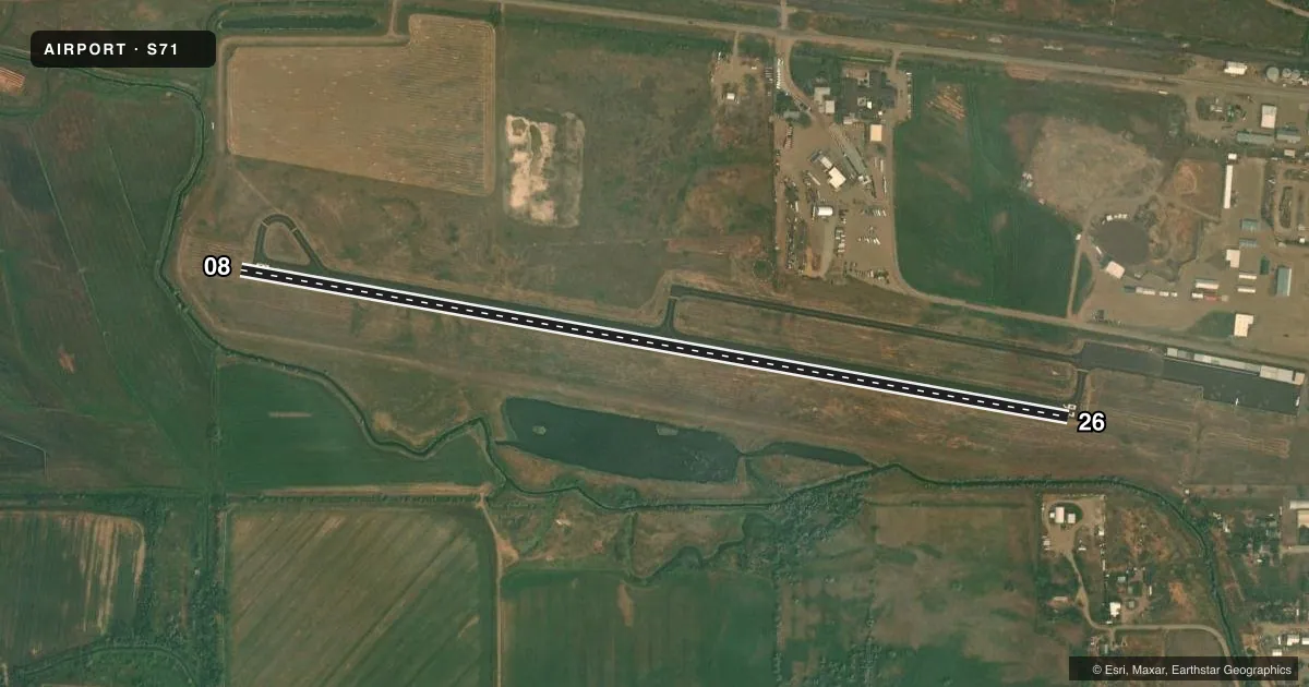 Top-down satellite sketch of S71 EDGAR G OBIE in CHINOOK, MONTANA, showing runways 08/26 drawn to scale over Esri World Imagery
