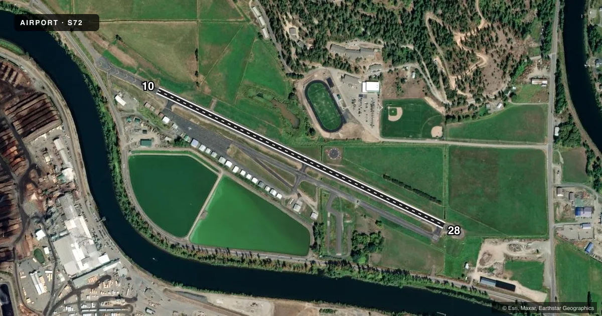 Top-down satellite sketch of S72 JACK A BUELL in ST MARIES, IDAHO, showing runways 10/28 drawn to scale over Esri World Imagery