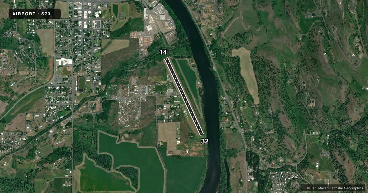 Top-down satellite sketch of S73 KAMIAH MUNI in KAMIAH, IDAHO, showing runways 14/32 drawn to scale over Esri World Imagery