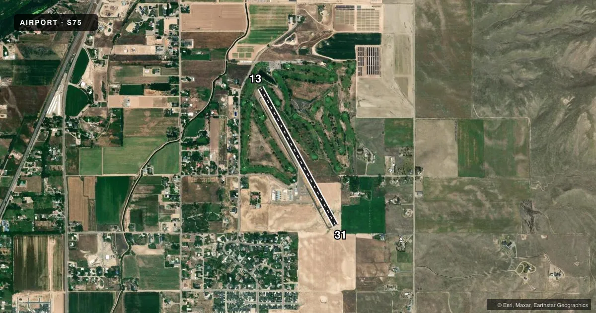 Top-down satellite sketch of S75 PAYETTE MUNI in PAYETTE, IDAHO, showing runways 13/31 drawn to scale over Esri World Imagery