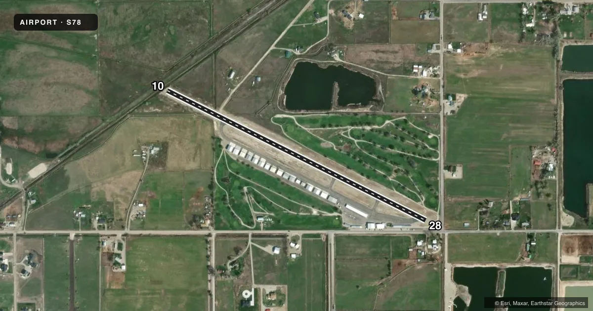 Top-down satellite sketch of S78 EMMETT MUNI in EMMETT, IDAHO, showing runways 10/28 drawn to scale over Esri World Imagery