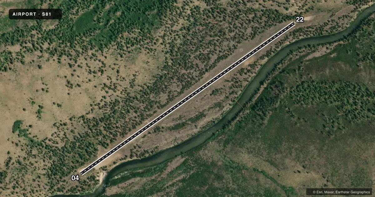 Top-down satellite sketch of S81 INDIAN CREEK USFS in INDIAN CREEK, IDAHO, showing runways 04/22 drawn to scale over Esri World Imagery