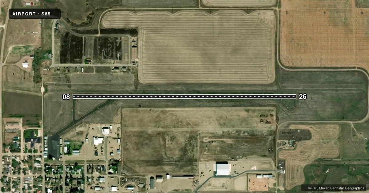 Top-down satellite sketch of S85 BIG SKY FLD in CULBERTSON, MONTANA, showing runways 08/26 drawn to scale over Esri World Imagery