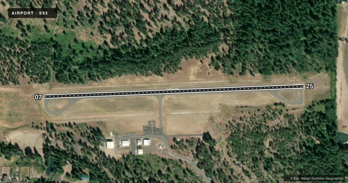 Top-down satellite sketch of S93 CLE ELUM MUNI in CLE ELUM, WASHINGTON, showing runways 07/25 drawn to scale over Esri World Imagery