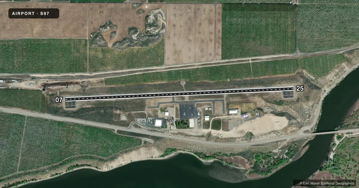 Top-down satellite sketch of S97 ANDERSON FLD in BREWSTER, WASHINGTON, showing runways 07/25 drawn to scale over Esri World Imagery