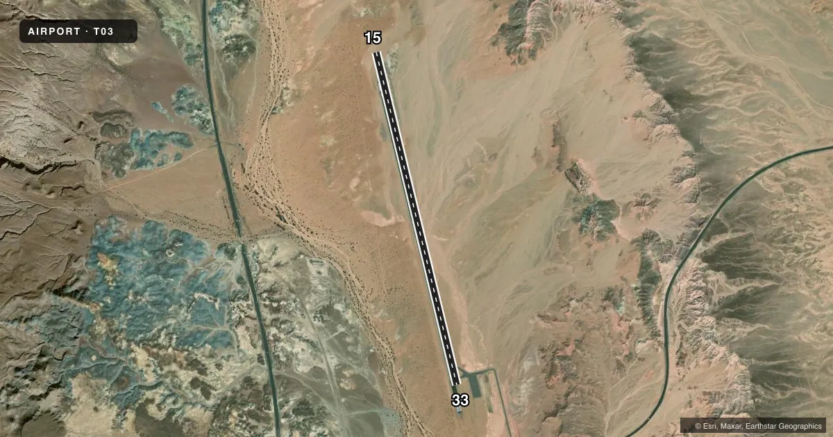 Top-down satellite sketch of T03 TUBA CITY in TUBA CITY, ARIZONA, showing runways 15/33 drawn to scale over Esri World Imagery
