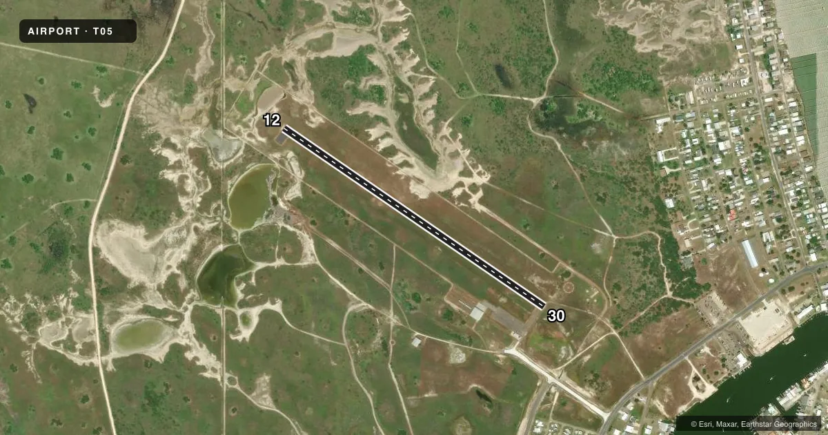 Top-down satellite sketch of T05 CHARLES R JOHNSON in PORT MANSFIELD, TEXAS, showing runways 12/30 drawn to scale over Esri World Imagery