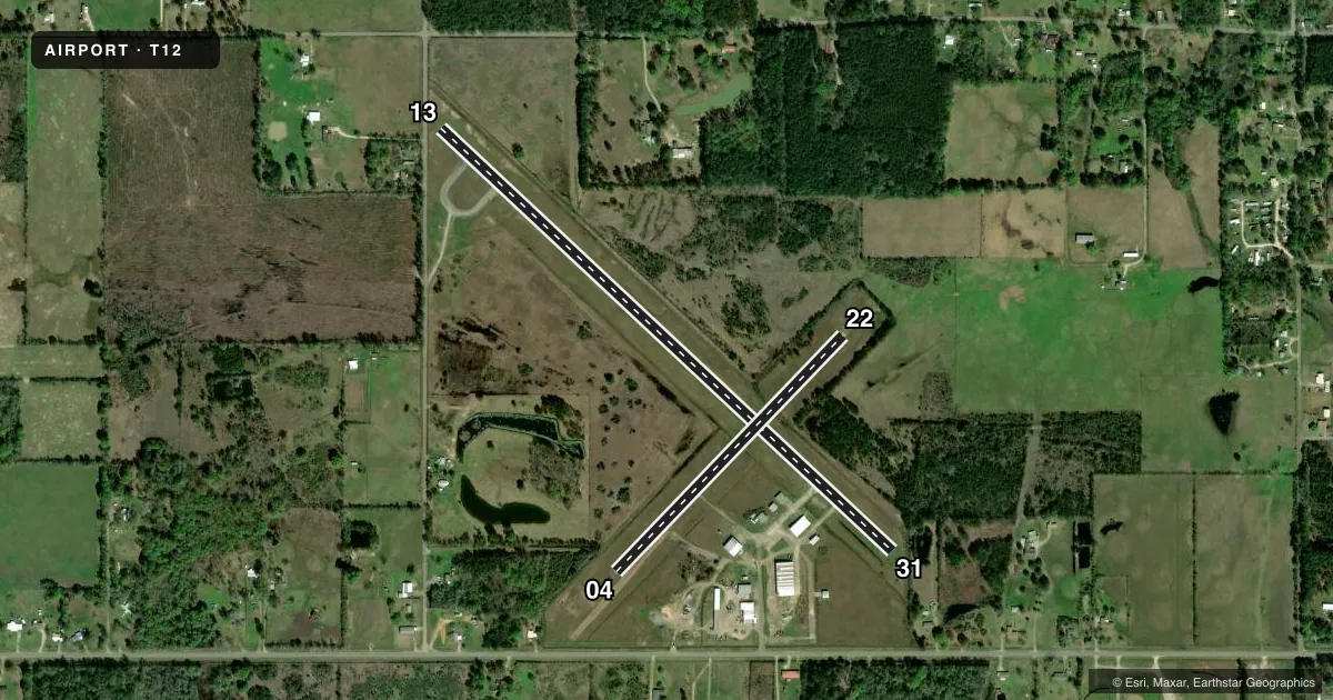 Top-down satellite sketch of T12 KIRBYVILLE in KIRBYVILLE, TEXAS, showing runways 13/31, 04/22 drawn to scale over Esri World Imagery