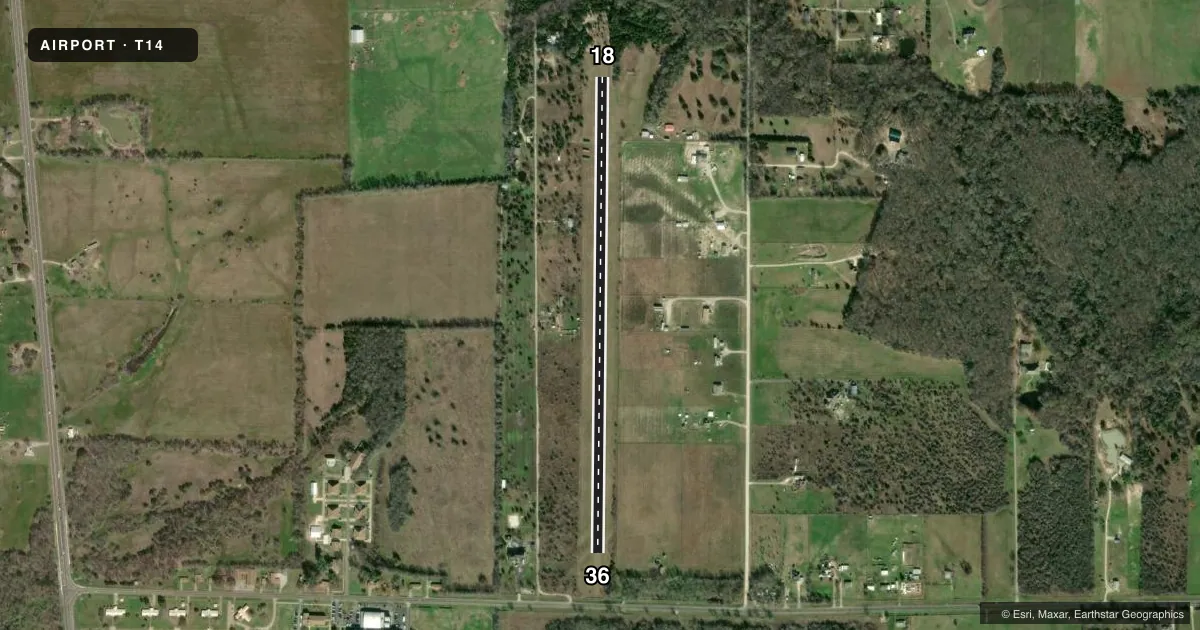 Top-down satellite sketch of T14 ROCKIN M in QUINLAN, TEXAS, showing runways 18/36 drawn to scale over Esri World Imagery