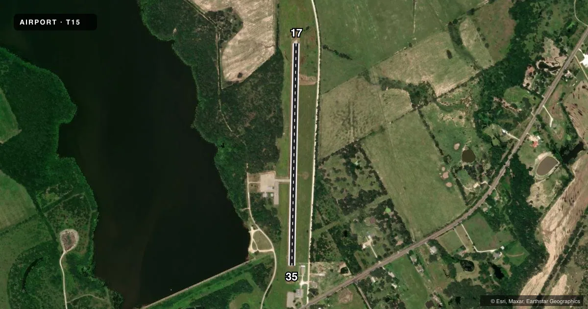 Top-down satellite sketch of T15 MARLIN in MARLIN, TEXAS, showing runways 17/35 drawn to scale over Esri World Imagery