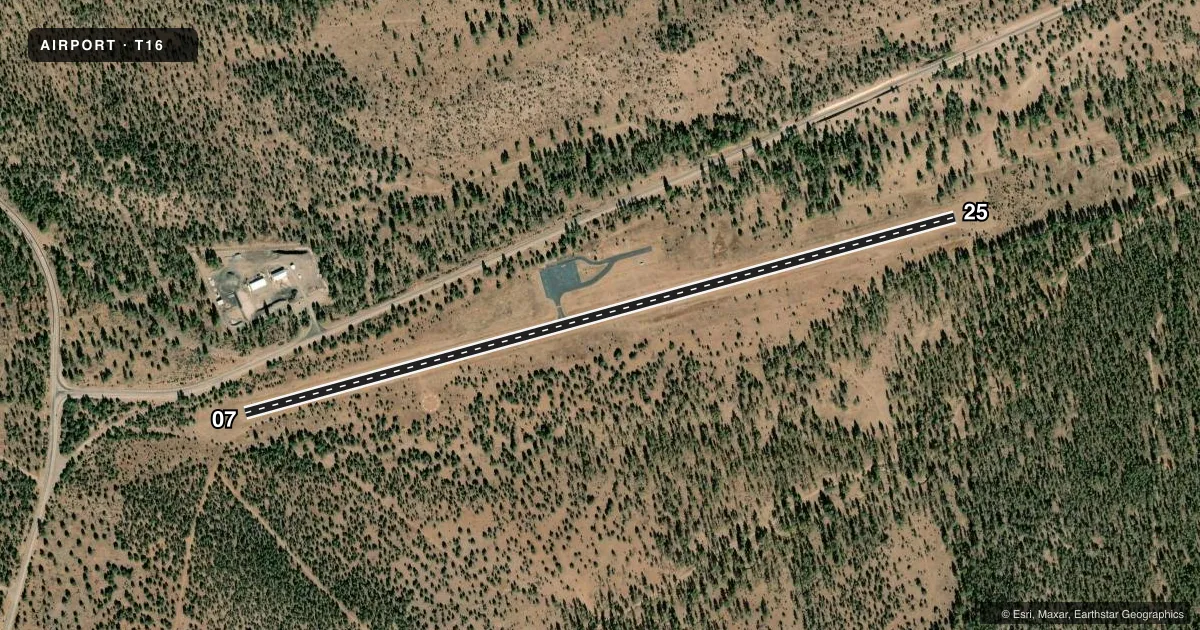 Top-down satellite sketch of T16 RESERVE in RESERVE, NEW MEXICO, showing runways 07/25 drawn to scale over Esri World Imagery