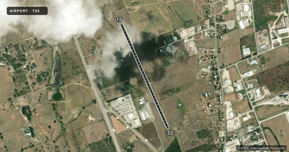 Top-down satellite sketch of T20 ROGER M DREYER MEML in GONZALES, TEXAS, showing runways 15/33 drawn to scale over Esri World Imagery