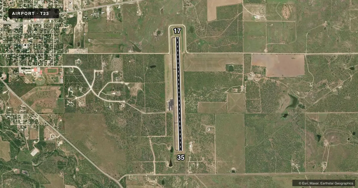 Top-down satellite sketch of T23 ALBANY MUNI in ALBANY, TEXAS, showing runways 17/35 drawn to scale over Esri World Imagery