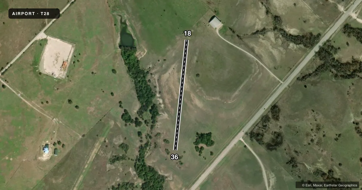 Top-down satellite sketch of T28 CAIN in SLIDELL, TEXAS, showing runways 18/36 drawn to scale over Esri World Imagery